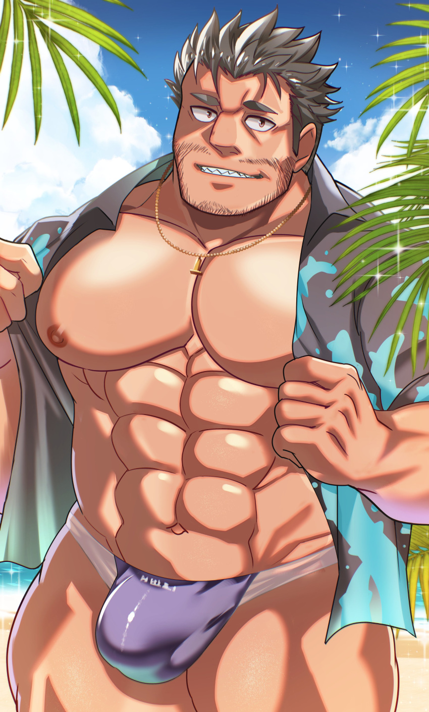 1boy abs absurdres bara bare_pectorals beach beard black_hair brown_eyes bulge collarbone dagon_(housamo) dark-skinned_male dark_skin facial_hair grin hawaiian_shirt highres jewelry large_pectorals long_sideburns looking_at_viewer male_focus male_swimwear mature_male muscular muscular_male necklace nipples official_alternate_costume pectorals ramusyutarou sharp_teeth shirt short_hair sideburns smile solo sparkle stubble swim_briefs teeth tentacle tokyo_afterschool_summoners