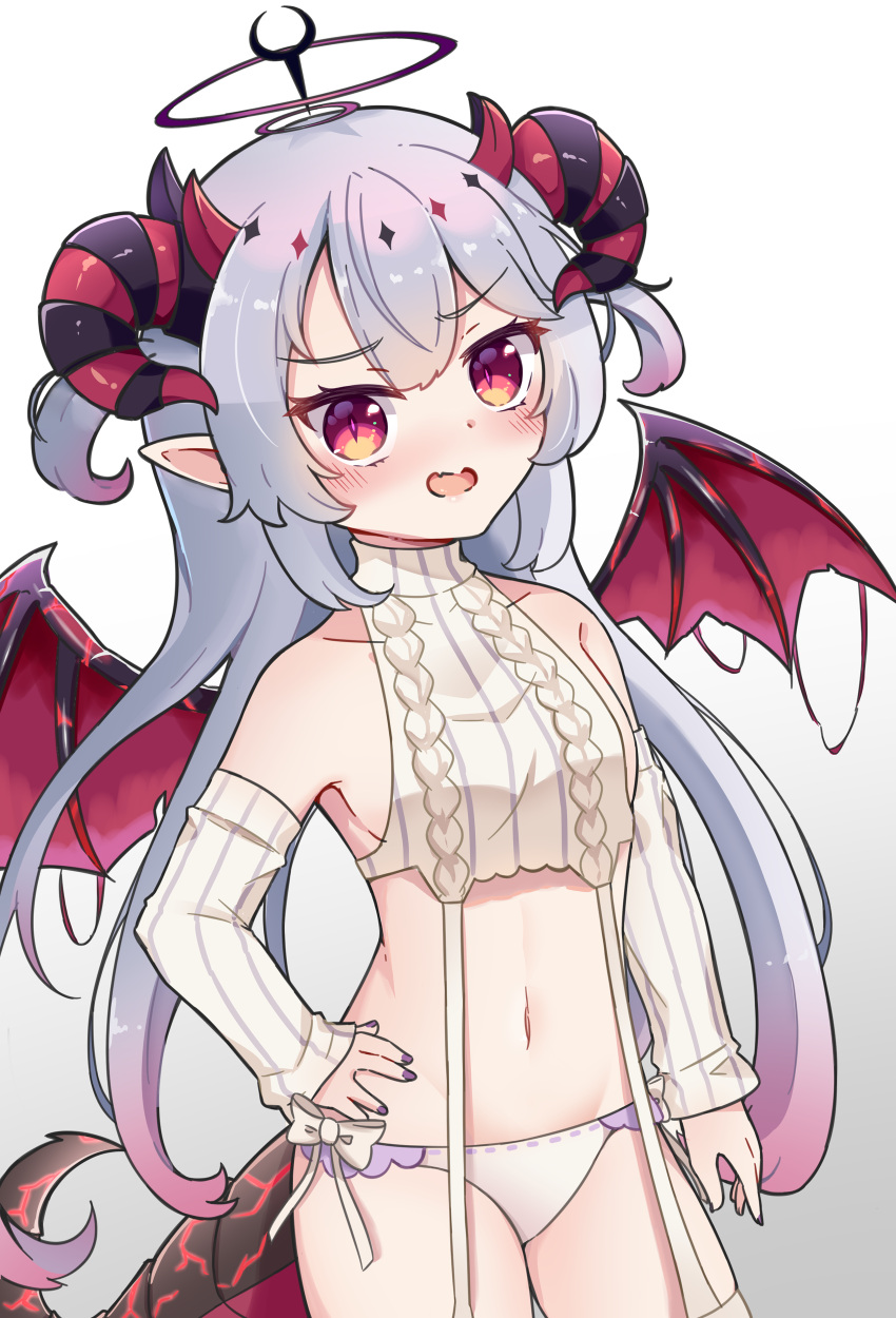 absurdres bare_shoulders breasts commentary detached_sleeves dragon_girl dragon_horns dragon_tail dragon_wings english_commentary female gradient_background grey_background grey_hair hair_between_eyes halo hand_on_own_hip highres horns lillis_infernallies_(vtuber) long_sleeves looking_at_viewer meme_attire nail_polish navel open_mouth panties pointy_ears project_livium purple_nails red_eyes red_wings rutorifuki simple_background sleeves_past_wrists small_breasts solo tail two_side_up underwear v-shaped_eyebrows virgin_destroyer_sweater virtual_youtuber white_background white_panties wings