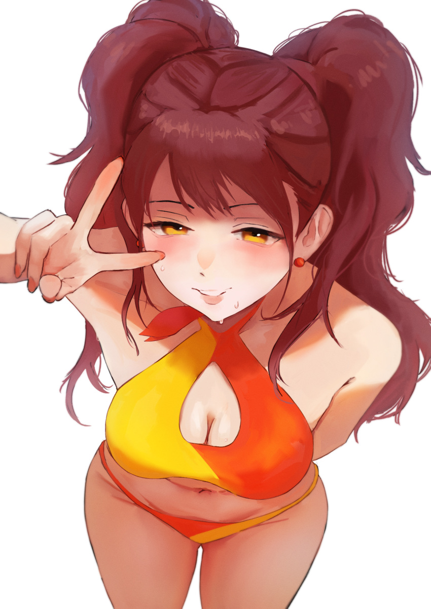 absurdres bare_shoulders bikini breasts brown_eyes brown_hair cleavage cleavage_cutout clothing_cutout earrings female highres jewelry kujikawa_rise leaning_forward looking_at_viewer n7grey persona persona_4 simple_background smile sweat swimsuit twintails v white_background