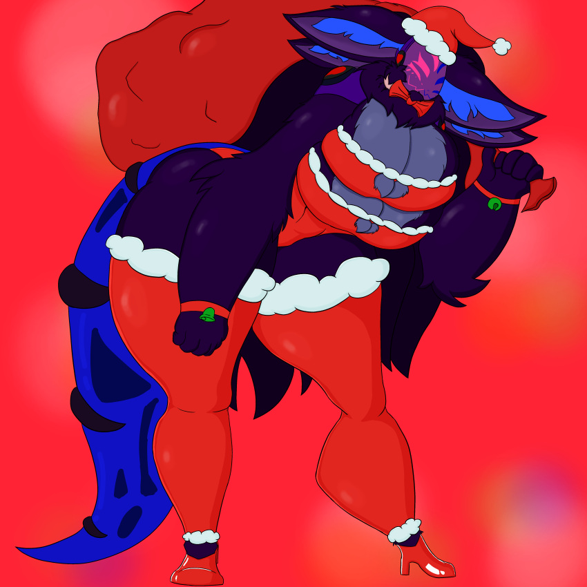 1:1 absurd_res anthro big_tail breasts christmas christmasoutfit clothed clothing female fluffy hi_res holidays hyper machine mamagen multi_breast multi_ear multi_eye protogen protogenqueen solo tail thick_thighs