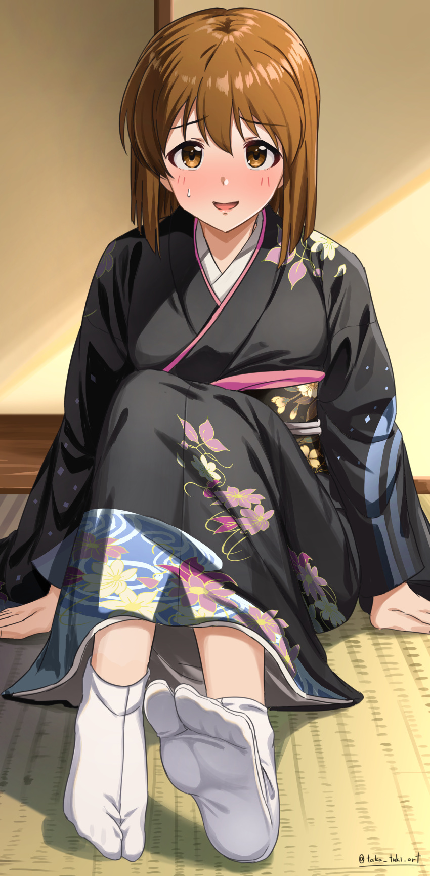 absurdres black_kimono blush breasts brown_hair commentary_request feet female floral_print floral_print_kimono full_body hagiwara_yukiho hair_between_eyes highres idolmaster idolmaster_million_live! idolmaster_million_live!_theater_days indoors japanese_clothes kimono knees_together_feet_apart knees_up long_sleeves looking_at_viewer medium_breasts medium_hair no_shoes obi obijime on_ground open_mouth sash sitting soles solo tabi takatsuki_p tatami toes twitter_username wide_sleeves