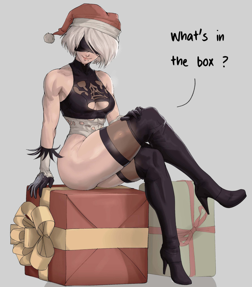 2b_(nier:automata) abs absurdres ass ass_visible_through_thighs black_blindfold blindfold breasts christmas christmas_present cleavage commentary crossed_legs curvy english_commentary english_text female gift gloves grey_hair hand_on_own_shoulder hat high_heels highleg highleg_leotard highres large_breasts leotard looking_at_viewer mole mole_under_mouth muscular muscular_female nier:automata nier_(series) santa_hat short_hair sitting smile thick_thighs thigh_gap thighhighs thighs yoracrab