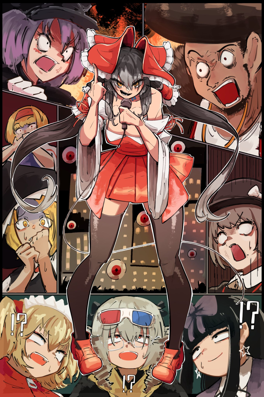 !? 1boy 3d_glasses 6+girls agucala_(cookie) alice_margatroid anger_vein angry black_eyes black_hair black_headwear black_thighhighs blonde_hair bow brown_eyes brown_hair clenched_hand closed_mouth constricted_pupils cookie_(touhou) detached_sleeves disembodied_eye dress earrings eyes_visible_through_hair eyewear_on_head frilled_bow frilled_hair_tubes frills full_body geru_futota glasses grey-framed_eyewear hair_between_eyes hair_tubes hairbow hakurei_reimu hat highres hime_cut holding holding_microphone jewelry jiko_mujun kirisame_marisa long_bangs long_hair looking_at_another looking_at_viewer luna_child medium_bangs microphone middle_finger mishou_kazuya_(cookie) multiple_girls necklace odoro_(nicoseiga81184094) open_mouth pompadour purple_bow purple_hair red_bow red_dress red_eyes red_footwear remilia_scarlet riran_youkyu scared shiriri_saikyo shoes short_hair shumiyou_desu shunga_youkyu sidelocks sleeveless sleeveless_dress smile solo_focus standing star_(symbol) star_earrings star_sapphire sunny_milk surprised thighhighs touhou upper_body usami_renko v-shaped_eyebrows very_long_hair white_sleeves wide_sleeves witch_hat yellow_eyes yuyusu_(cookie)