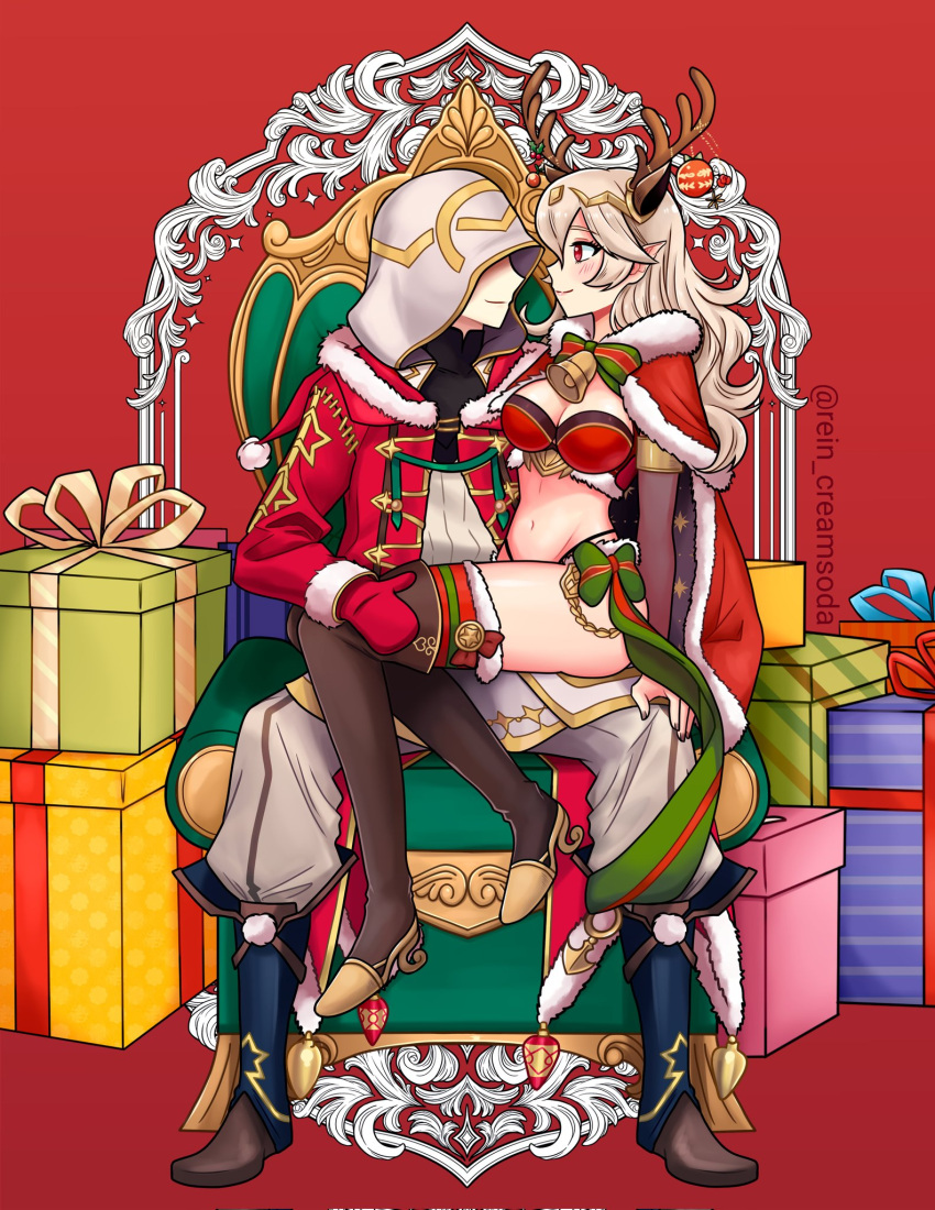 1boy alternate_costume antlers bikini breasts christmas corrin_(female)_(fire_emblem) corrin_(fire_emblem) cosplay couple english_commentary fake_antlers female fire_emblem fire_emblem_fates fire_emblem_heroes highres hooded_robe horns kiran_(fire_emblem) kiran_(male)_(fire_emblem) large_breasts rein_creamsoda reindeer_antlers robe robin_(fire_emblem) robin_(male)_(fire_emblem) robin_(male)_(fire_emblem)_(cosplay) santa_bikini sitting sitting_on_person straight swimsuit tharja_(fire_emblem) tharja_(fire_emblem)_(cosplay) throne