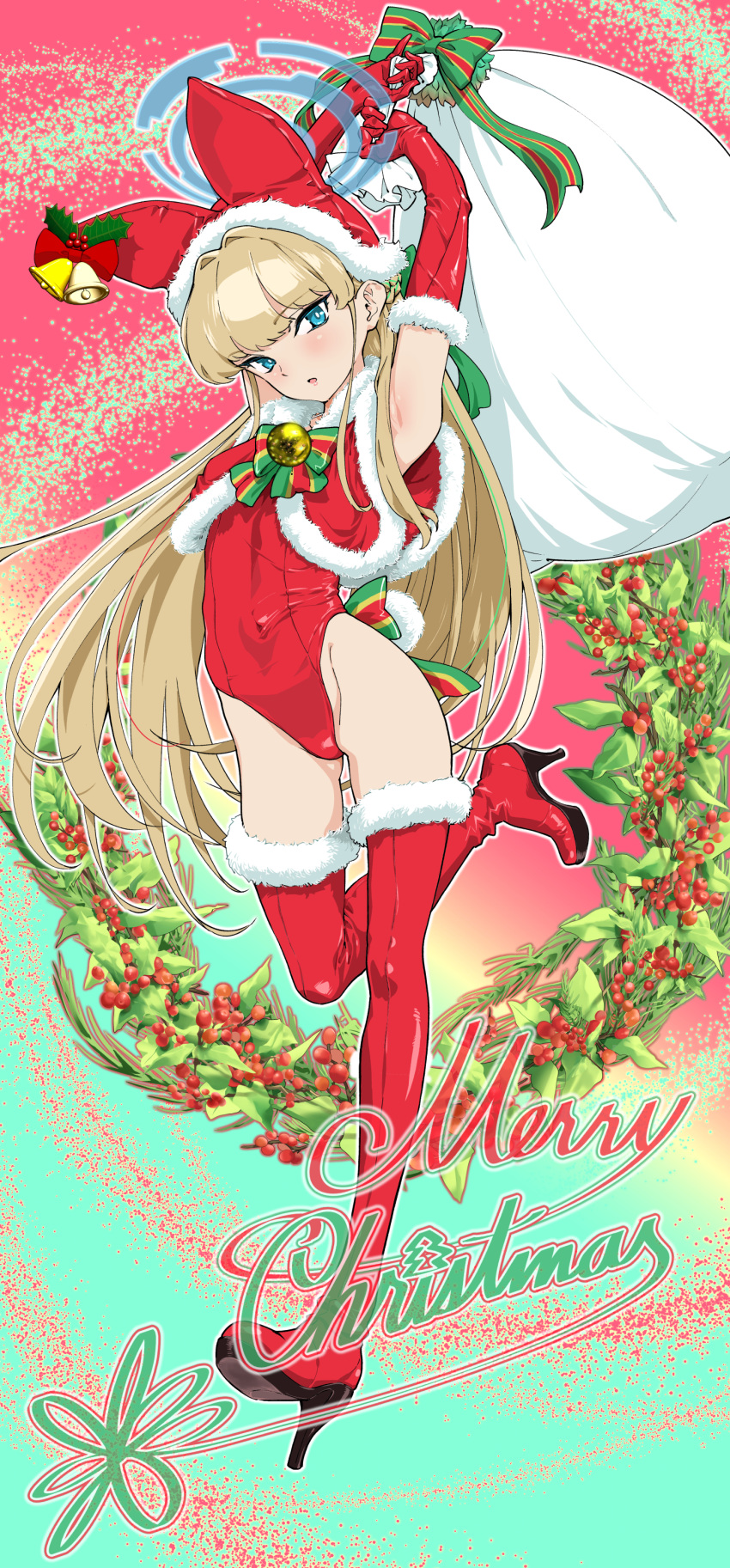 absurdres armpits bell blonde_hair blue_archive blue_eyes blue_halo boots capelet christmas elbow_gloves fake_tail female full_body gloves halo hashiguchi_takashi hat high_heel_boots high_heels highres holding holding_sack long_hair merry_christmas rabbit_tail red_capelet red_footwear red_gloves red_hat sack solo tail thigh_boots toki_(blue_archive)