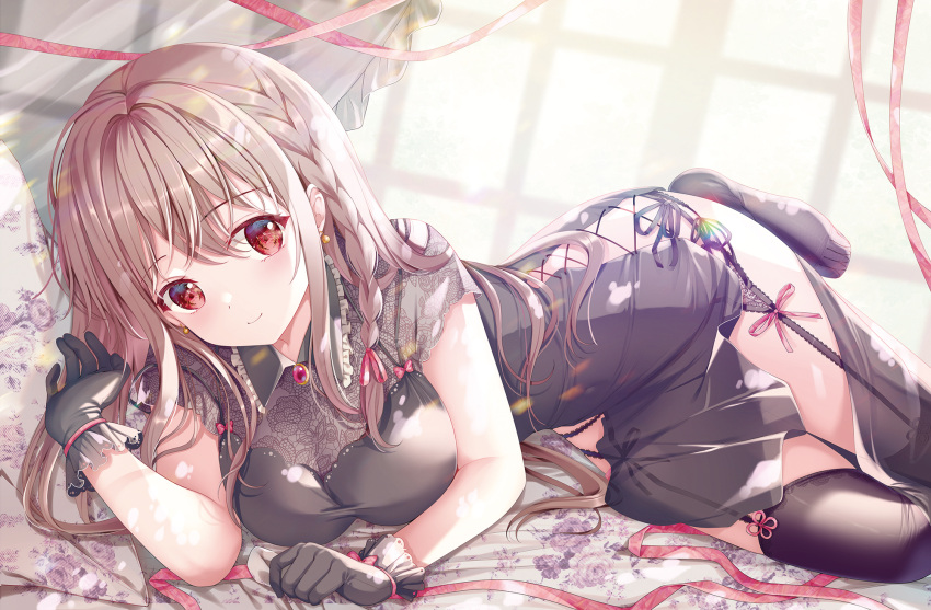 black_dress black_gloves black_thighhighs blurry blurry_background braid breasts brown_hair closed_mouth commentary_request depth_of_field dress female garter_straps gloves hair_between_eyes hand_up highres indoors long_hair looking_at_viewer lying maeda_shiori medium_breasts no_shoes on_side red_eyes short_sleeves smile solo sousouman thighhighs twinbox_school very_long_hair window