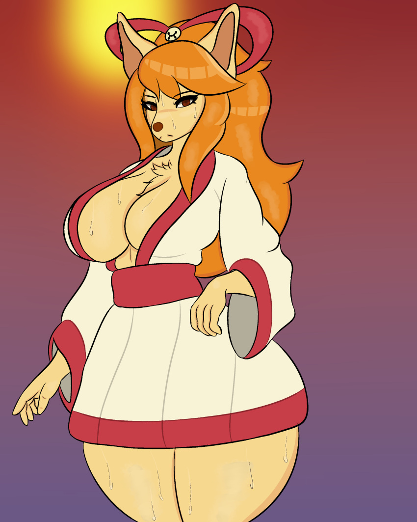 4:5 absurd_res anthro asian_clothing big_breasts bodily_fluids breasts canid canine ceroba_ketsukane clothing east_asian_clothing female fox hair hi_res inner_boob japanese_clothing long_hair looking_at_viewer mammal solo sweat thick_thighs undertale_(series) undertale_yellow wide_hips xionthedog yukata