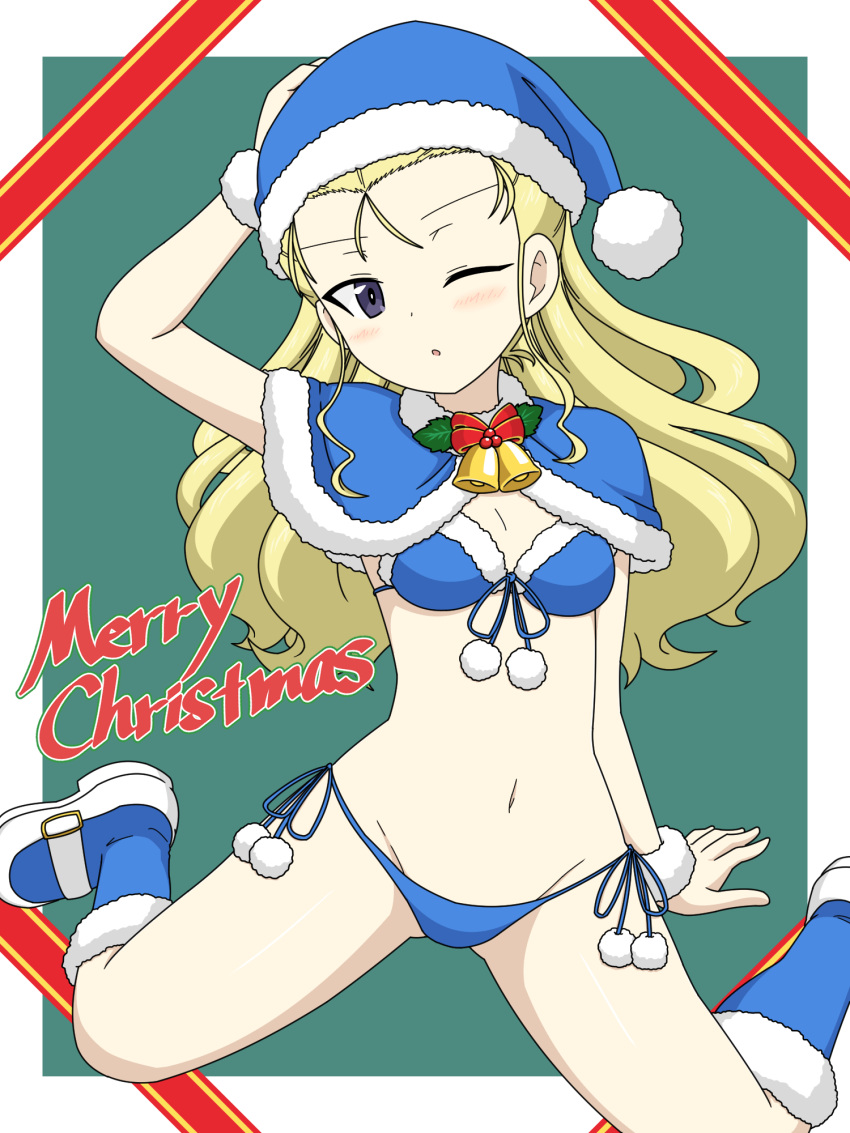 :o assam_(girls_und_panzer) bell bikini blonde_hair blue_bikini blue_capelet blue_eyes blue_footwear blue_hat boots breasts capelet christmas commentary english_text female front-tie_bikini_top front-tie_top fur-trimmed_capelet fur_cuffs fur_trim girls_und_panzer girls_und_panzer_senshadou_daisakusen! groin hair_pulled_back hand_on_own_head hat highres holly ichinose_jun long_hair looking_at_viewer merry_christmas neck_bell official_alternate_costume one_eye_closed parted_lips santa_bikini santa_boots santa_hat side-tie_bikini_bottom sitting small_breasts solo swimsuit wariza