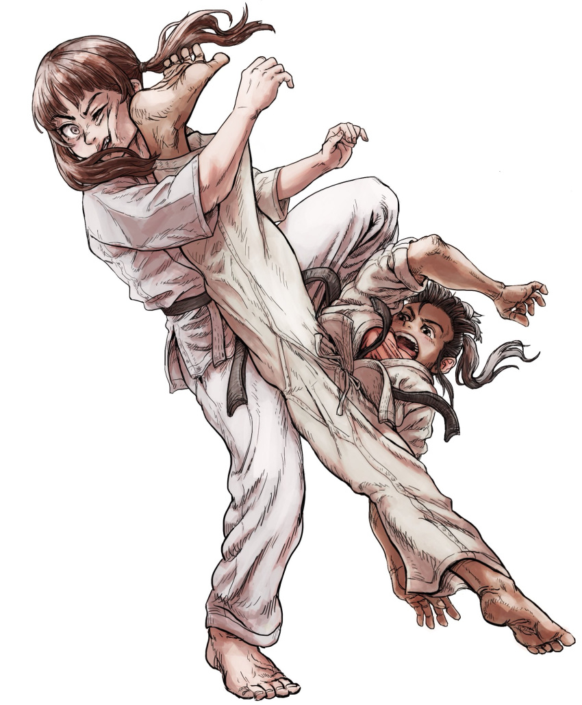 2girls attack barefoot brown_hair clenched_teeth dougi feet fighting highres in_the_face karate kicking leg_up looking_at_another martial_arts multiple_girls nikuo open_mouth original ponytail simple_background teeth white_background