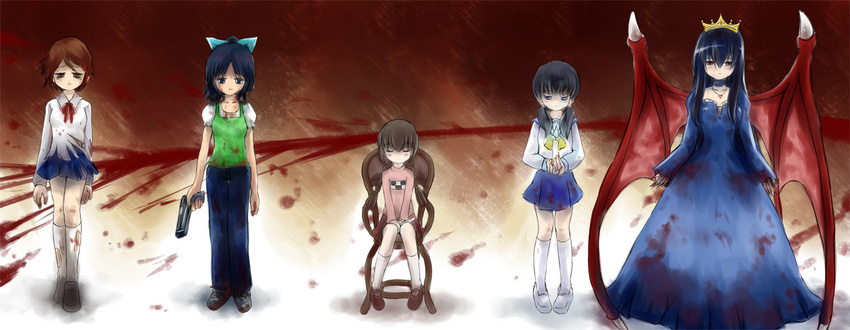 5girls black_eyes black_hair blood blood_on_clothes blue_eyes blue_hair brown_eyes brown_hair candle chair closed_eyes collarbone commentary_request corpse_party crossover demon_wings demonophobia dress gun hair_ornament holding jewelry kamio_(d-rev) kisei_joker knife kunikai_sakuri lilia_mistys madotsuki moonlight_labyrinth multiple_girls necklace photoshop_(medium) school_uniform shinozaki_ayumi sidelocks sitting skirt tiara torn_clothes toudou_haruka trait_connection weapon wings yume_nikki