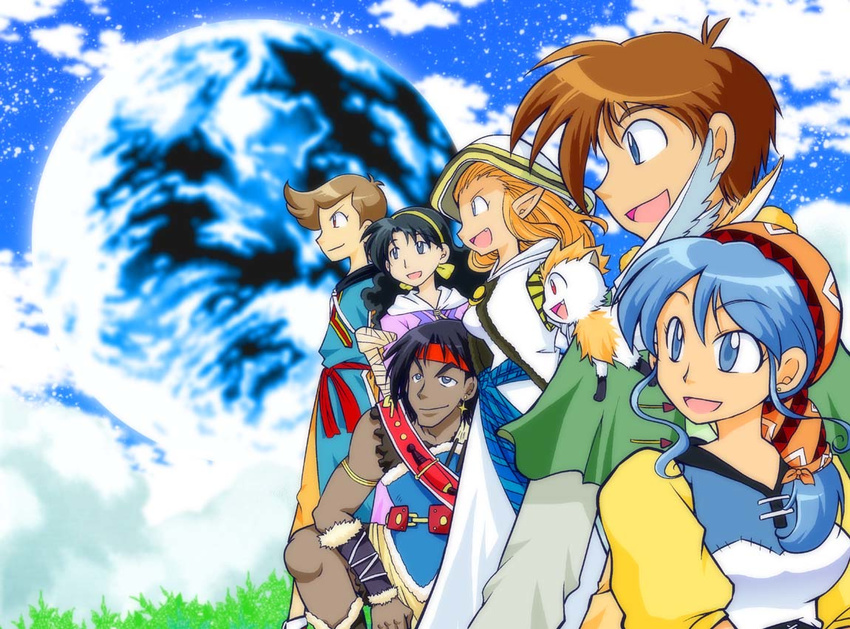 1990s_(style) 3boys 3girls alex_noah bad_id bad_pixiv_id bandana bird blue_eyes blue_hair dress hair_over_shoulder headband hoshino_minoru jessica_de_alkirk kyle_(lunar) luna_noah lunar lunar:_the_silver_star markings mia_ausa multiple_boys multiple_girls nall_(lunar) nash_rumack photoshop_(medium) pointy_ears ponytail retro_artstyle sword weapon