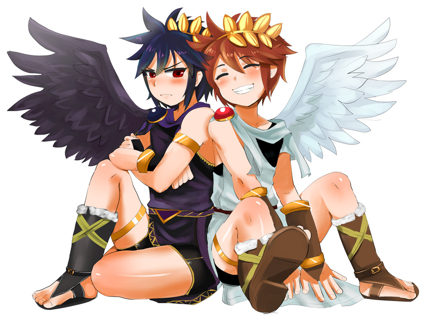 2boys angel bird_wings black_hair blush brown_hair dark_pit highres kid_icarus kid_icarus_uprising kouta_(privia4) lolicon male male_focus multiple_boys pit_(kid_icarus) privia4 red_eyes sandals short_hair shorts simple_background sitting smile toga white_background wings wreath