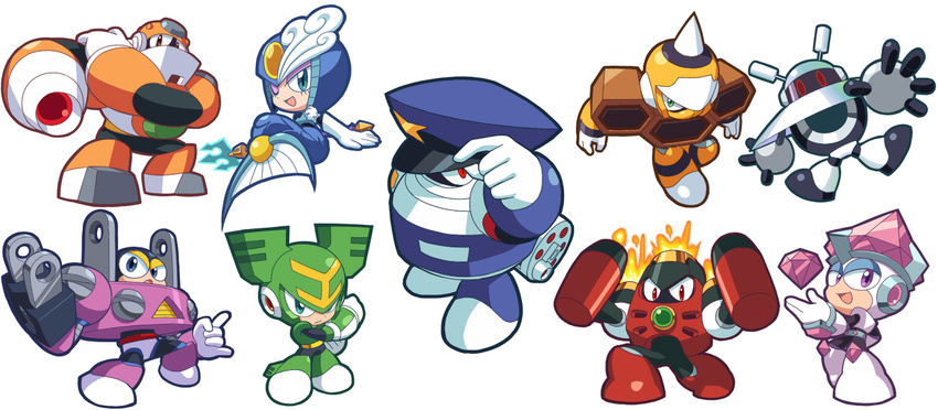 6+boys android chibi commentary_request concrete_man crystal fake_man female fire full_body galaxy_man garrison_cap hat helmet hornet_man jewel_man kin_niku looking_at_viewer magma_man mecha mega_man:_powered_up mega_man_(classic) mega_man_(series) mega_man_9 mermaid monster_girl multiple_boys one_eye_closed parody plug_man polearm pose robot serious simple_background smile spikes splash_woman standing style_parody tornado_man trident weapon white_background