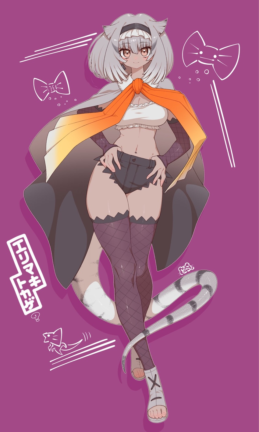 animal_ears black_shorts breasts brown_eyes brown_hair brown_thighhighs cape cleavage closed_mouth cutoffs dark-skinned_female dark_skin detached_sleeves female fingernails frilled_hairband frilled_lizard_(ex)_(kemono_friends) frilled_lizard_(kemono_friends) frills full_body grey_hair hair_between_eyes hairband hands_on_own_hips highres kemono_friends kemono_friends_3 lizard_tail long_hair long_tail looking_at_viewer midriff navel notora pink_background scarf shoes short_shorts shorts simple_background smile solo stomach strapless tail thighhighs thumb_in_beltline toeless_footwear toenails toes tube_top walking