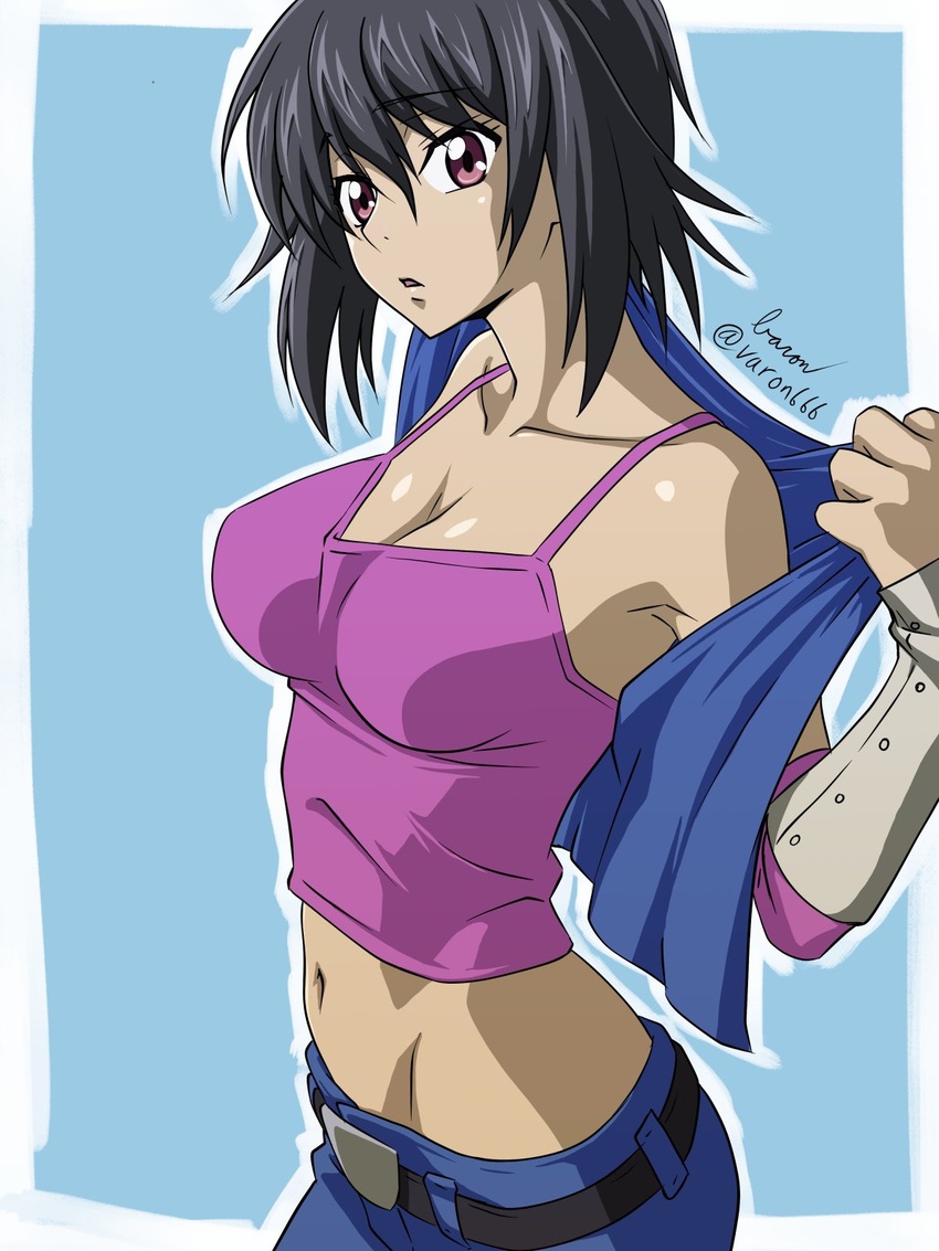 bare_shoulders baron_(varon666) black_hair breasts brown_hair cleavage code_geass code_geass:_boukoku_no_akito collarbone dark-skinned_female dark_skin detached_sleeves female highres jacket kousaka_ayano large_breasts looking_at_viewer navel purple_shirt shirt short_hair