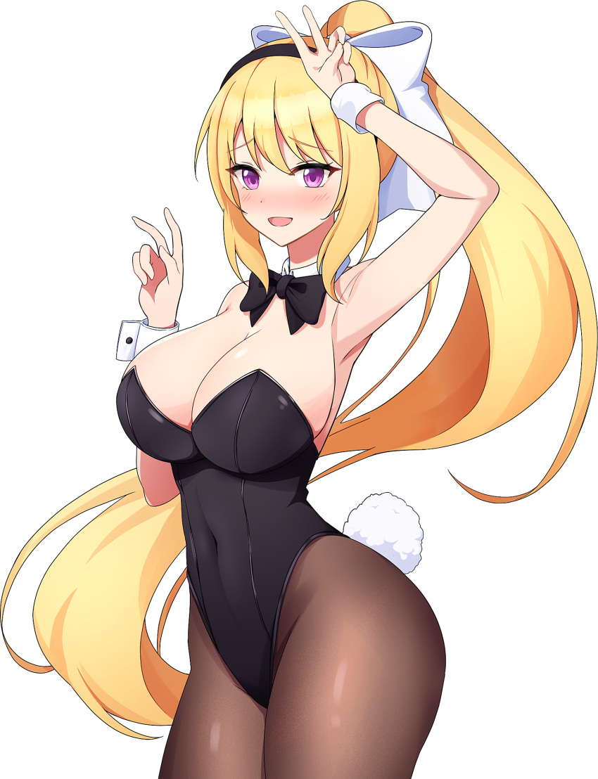 airi_(sword_master_story) arm_up black_bow black_bowtie blonde_hair blush bow bowtie breasts cleavage female highres large_breasts long_hair non-web_source official_alternate_costume official_art playboy_bunny ponytail purple_eyes ribbon solo sword_master_story white_ribbon