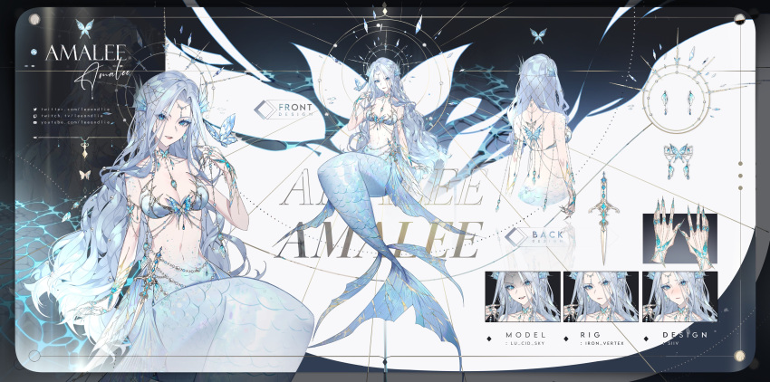 absurdres artist_name blue_eyes breasts bug butterfly butterfly_earrings character_name collarbone dagger earrings female fingernails fins grey_hair halo head_fins highres indie_virtual_youtuber jewelry knife large_breasts long_fingernails long_hair looking_at_viewer lucidsky mermaid monarch_(amalee) monster_girl multiple_views navel official_alternate_costume official_alternate_hair_length official_alternate_hairstyle official_art reference_sheet second-party_source turnaround very_long_hair virtual_youtuber wavy_hair weapon