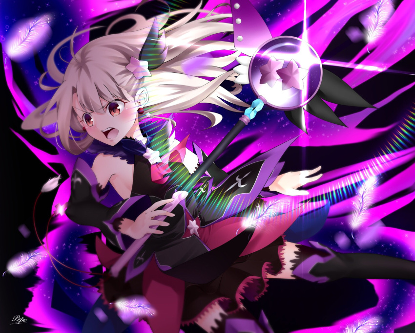 ascot bare_shoulders black_dress black_footwear black_thighhighs blush boots breasts detached_sleeves dress earrings fate/grand_order fate/kaleid_liner_prisma_illya fate_(series) female hair_ornament highres illyasviel_von_einzbern jewelry kaleidostick layered_skirt long_hair looking_to_the_side magical_ruby magical_sapphire one_side_up open_mouth pei_iriya purple_skirt red_eyes red_skirt sidelocks skirt small_breasts testament_(fate) thigh_boots thighhighs thighhighs_under_boots wand white_hair