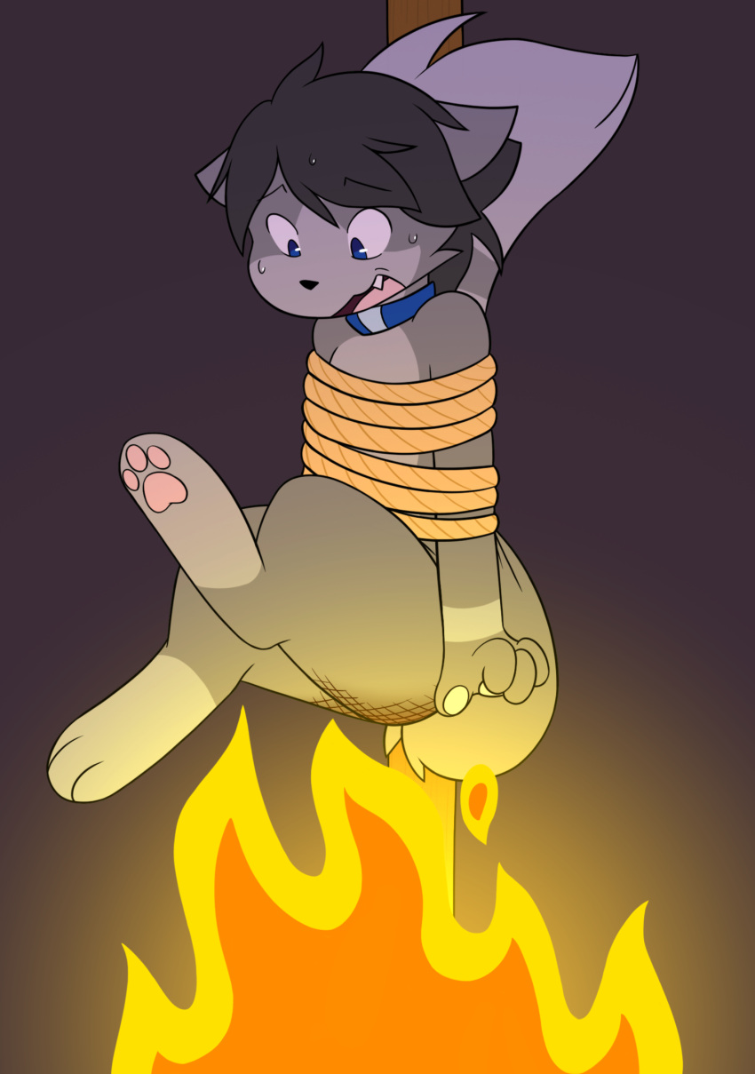 anthro ass black_hair bound burning butt_on_fire collar fire fur grey_body grey_fur hair hi_res in_peril jineko_(artist) jineko_(character) male multicolored_body multicolored_fur pain rope solo stake tail two_tone_body two_tone_fur