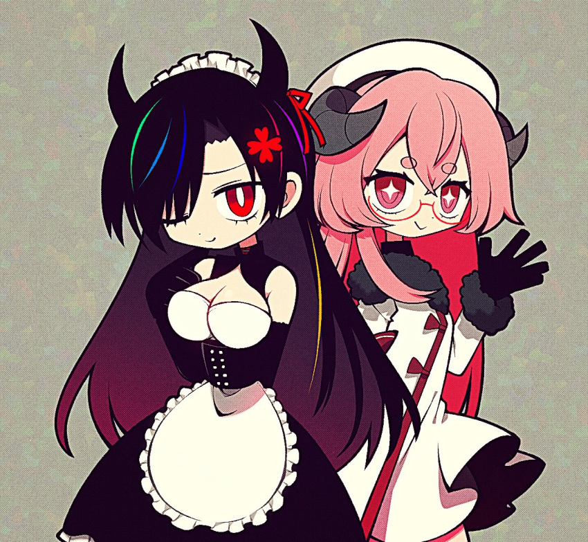 2girls bare_shoulders black_hair breasts cleavage clover clover_hair_ornament collar comdost_(vtuber) commission demon_horns dress elbow_gloves finger_to_cheek four-leaf_clover four-leaf_clover_hair_ornament funamusea_(artist) fur-trimmed_sleeves fur_trim glasses gloves grey_background hair_ornament hitsuji_mayoi horns indie_virtual_youtuber large_breasts long_hair maid maid_headdress multiple_girls one_eye_closed pink_eyes pink_hair red-framed_eyewear red_eyes round_eyewear second-party_source semi-rimless_eyewear sidelocks skeb_commission smile sparkling_eyes virtual_youtuber waving white_dress