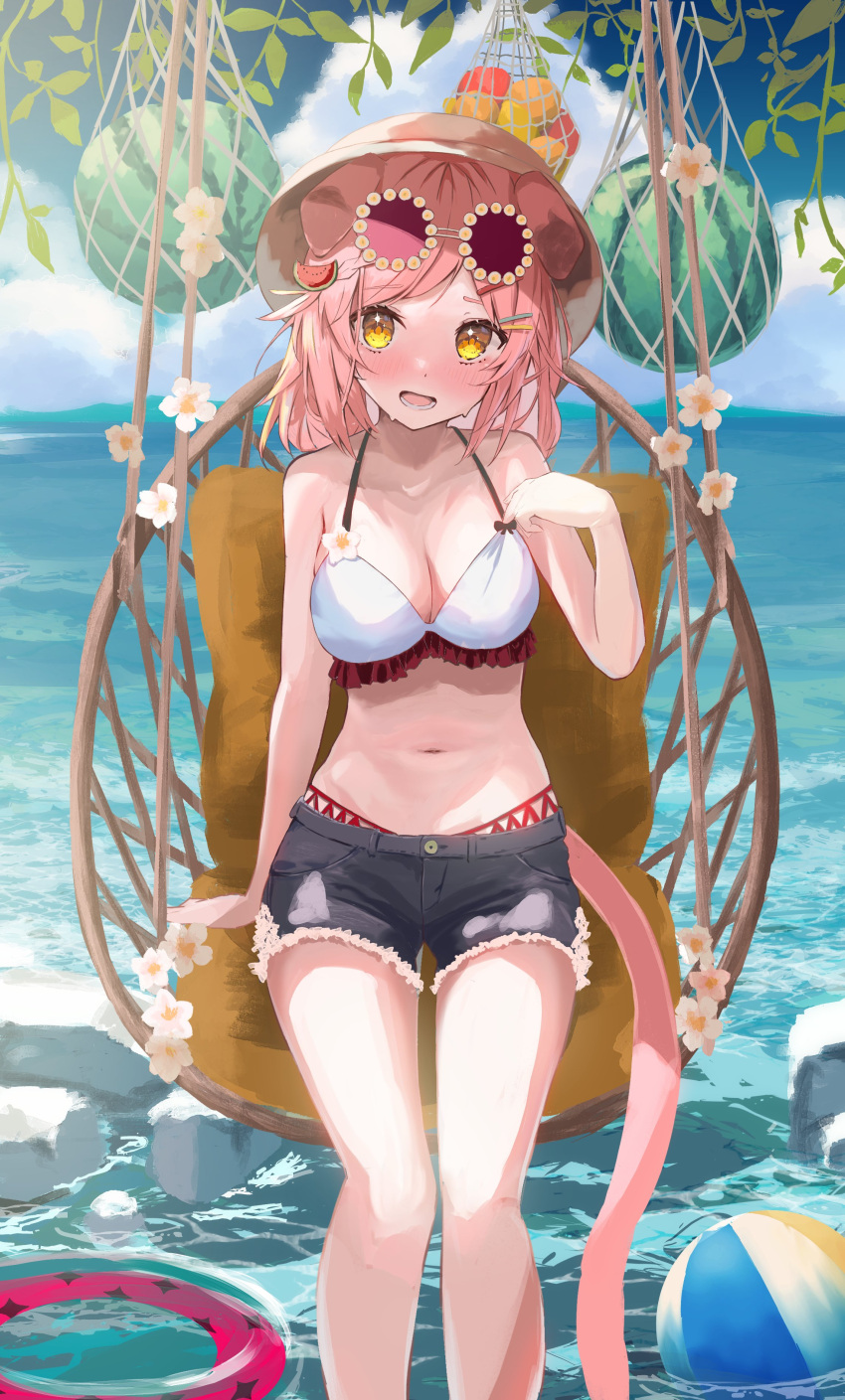 absurdres animal_ears arknights bikini blue_shorts breasts butasanp cat_ears cat_girl cat_tail cleavage collarbone cutoffs denim denim_shorts eyewear_on_head female flower-shaped_eyewear food food-themed_hair_ornament fruit goldenglow_(arknights) goldenglow_(summer_flowers)_(arknights) hair_ornament highres large_breasts long_hair looking_at_viewer official_alternate_costume pink_hair purple-tinted_eyewear short_shorts shorts sitting solo sunglasses swimsuit tail tinted_eyewear watermelon watermelon_hair_ornament white_bikini yellow_eyes