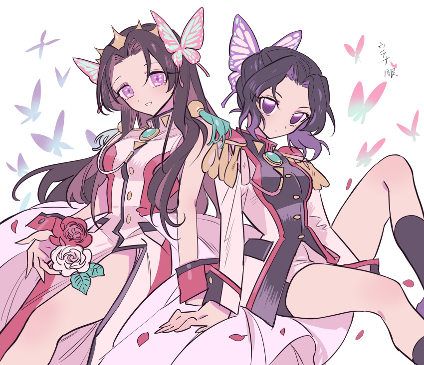 2girls absurdres aiguillette arm_support bad_id bad_pixiv_id between_legs black_hair black_socks breasts bug butterfly butterfly_hair_ornament closed_mouth commentary_request cosplay crown dress epaulettes flower gradient_hair hair_ornament hand_between_legs highres himemiya_anthy himemiya_anthy_(cosplay) invisible_chair jacket kimetsu_no_yaiba kneehighs kochou_kanae kochou_shinobu long_hair long_sleeves looking_at_viewer medium_breasts meremero multicolored_hair multiple_girls open_mouth parted_bangs purple_butterfly purple_eyes purple_hair red_flower red_rose rose short_hair shoujo_kakumei_utena shoujo_kakumei_utena_adolescence_mokushiroku siblings sisters sitting smile socks tenjou_utena tenjou_utena_(cosplay) white_background white_dress white_flower white_jacket white_rose