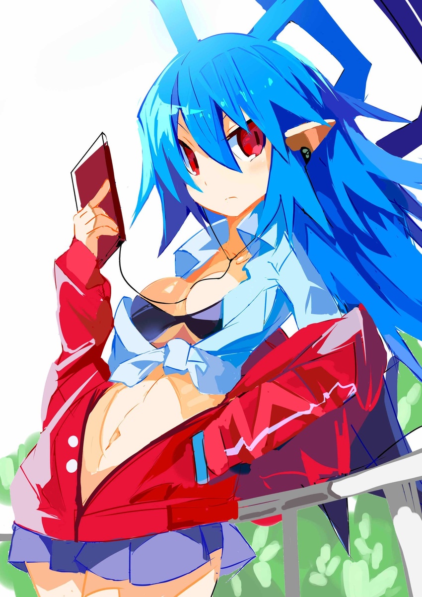 antenna_hair bikini bikini_top_only black_bikini blue_hair blue_skirt breasts closed_mouth cowboy_shot demon_girl disgaea disgaea_d2 earphones female genderswap_(mtf) hair_between_eyes highres holding holding_phone hood hooded_jacket jacket jacket_on_shoulders laharl laharl-chan long_hair looking_at_viewer medium_breasts miyakawa106 navel open_clothes open_jacket open_mouth outdoors phone pleated_skirt pointy_ears red_eyes red_jacket rule_63 short_hair skirt solo standing swimsuit very_long_hair