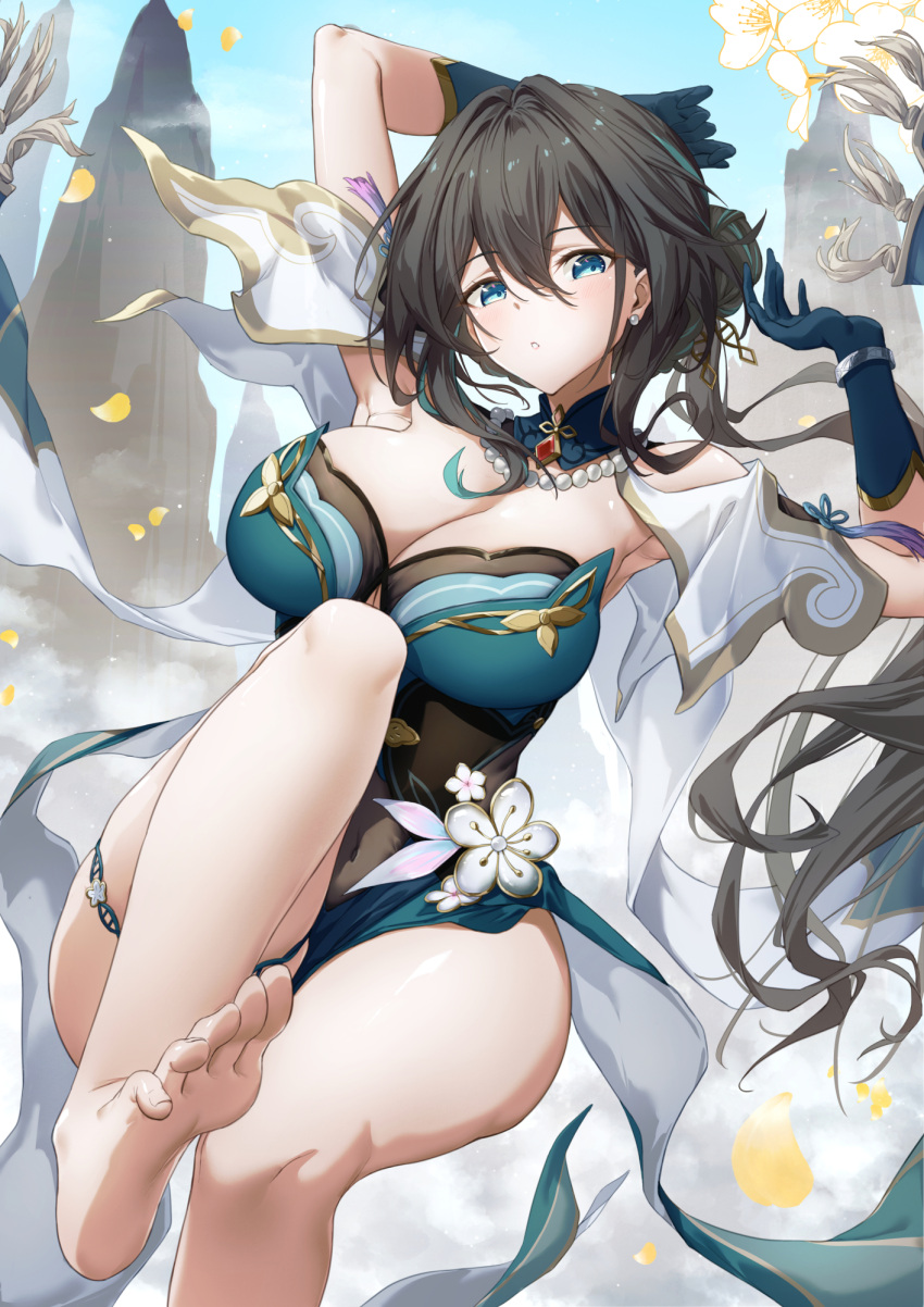 aqua_dress aqua_eyes aqua_gloves armpits arms_up bare_legs barefoot bead_necklace beads black_hair blue_sky breasts capelet china_dress chinese_clothes cleavage commentary_request covered_navel day detached_collar dress falling_petals feet female flower foot_out_of_frame gloves hair_between_eyes hands_up highres honkai:_star_rail honkai_(series) jewelry knee_up large_breasts legs looking_at_viewer midair mountain necklace parted_lips pelvic_curtain petals ruan_mei_(honkai:_star_rail) sidelocks sky soles solo strapless strapless_dress thigh_strap toenails toes white_capelet white_flower xfate