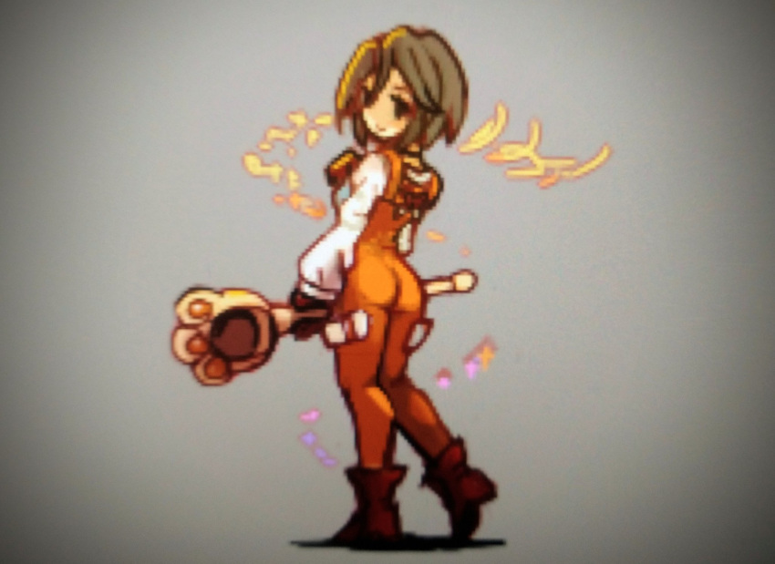 black_hair bodysuit breasts choker closed_mouth female final_fantasy final_fantasy_ix full_body garnet_til_alexandros_xvii gloves highres holding holding_staff orange_bodysuit pixel_art shirosu short_hair simple_background smile solo staff