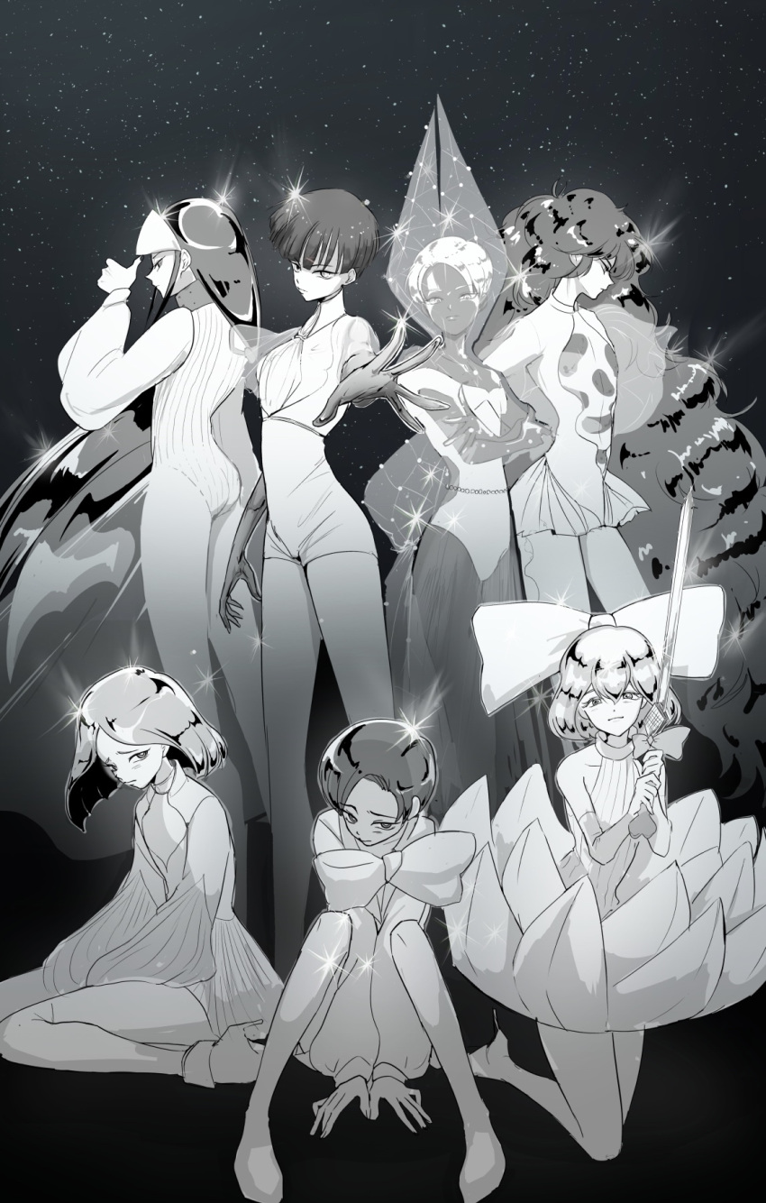 6+others alexandrite_(houseki_no_kuni) arm_at_side ascot beads benitoite_(houseki_no_kuni) between_legs bob_cut bodysuit boots bow cairngorm_(houseki_no_kuni) center_opening crossed_legs crystal dark_skin detached_sleeves diamond_(houseki_no_kuni) dress floating_hair gloves hairbow hand_between_legs hand_up helmet heterochromia high_heels highres holding holding_sword holding_weapon houseki_no_kuni knees_up leotard long_hair looking_at_viewer looking_down monochrome moon_uniform_(houseki_no_kuni) multiple_others other_focus outstretched_arm padparadscha_(houseki_no_kuni) phosphophyllite phosphophyllite_(ll) profile reaching reaching_towards_viewer sad see-through see-through_gloves see-through_sleeves shawl short_hair short_sleeves sitting smile sparkle spoilers standing star_(sky) stiletto_heels sword thumbs_up veil very_long_hair wariza weapon wide_sleeves xxxcantinexxx yellow_diamond_(houseki_no_kuni)