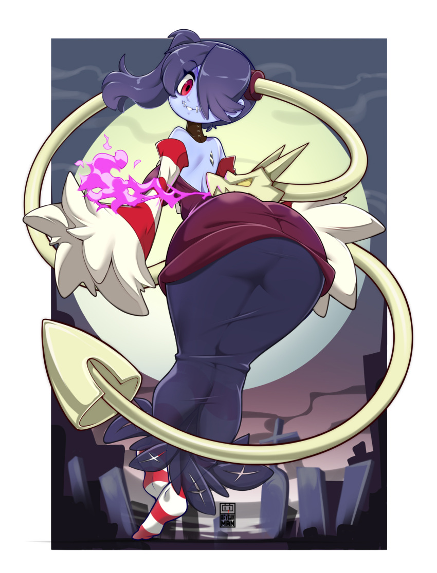 ass back bare_shoulders bayeuxman female grave graveyard highres leviathan_(skullgirls) red_eyes side_ponytail skullgirls solo squigly_(skullgirls) zombie