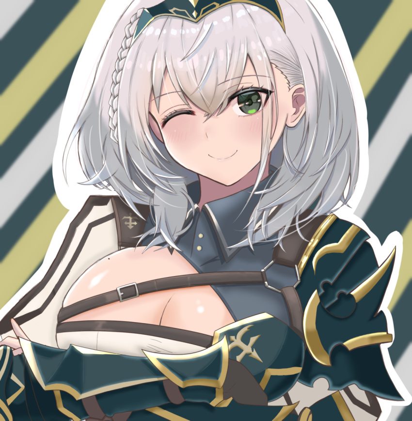 armor braid breasts chest_guard chest_strap cleavage cleavage_cutout closed_mouth clothing_cutout crossed_arms female green_eyes grey_hair hanma_amnah highres hololive large_breasts mole mole_on_breast pauldrons shirogane_noel shirogane_noel_(1st_costume) short_hair shoulder_armor single_pauldron smile solo striped striped_background tiara upper_body vambraces virtual_youtuber