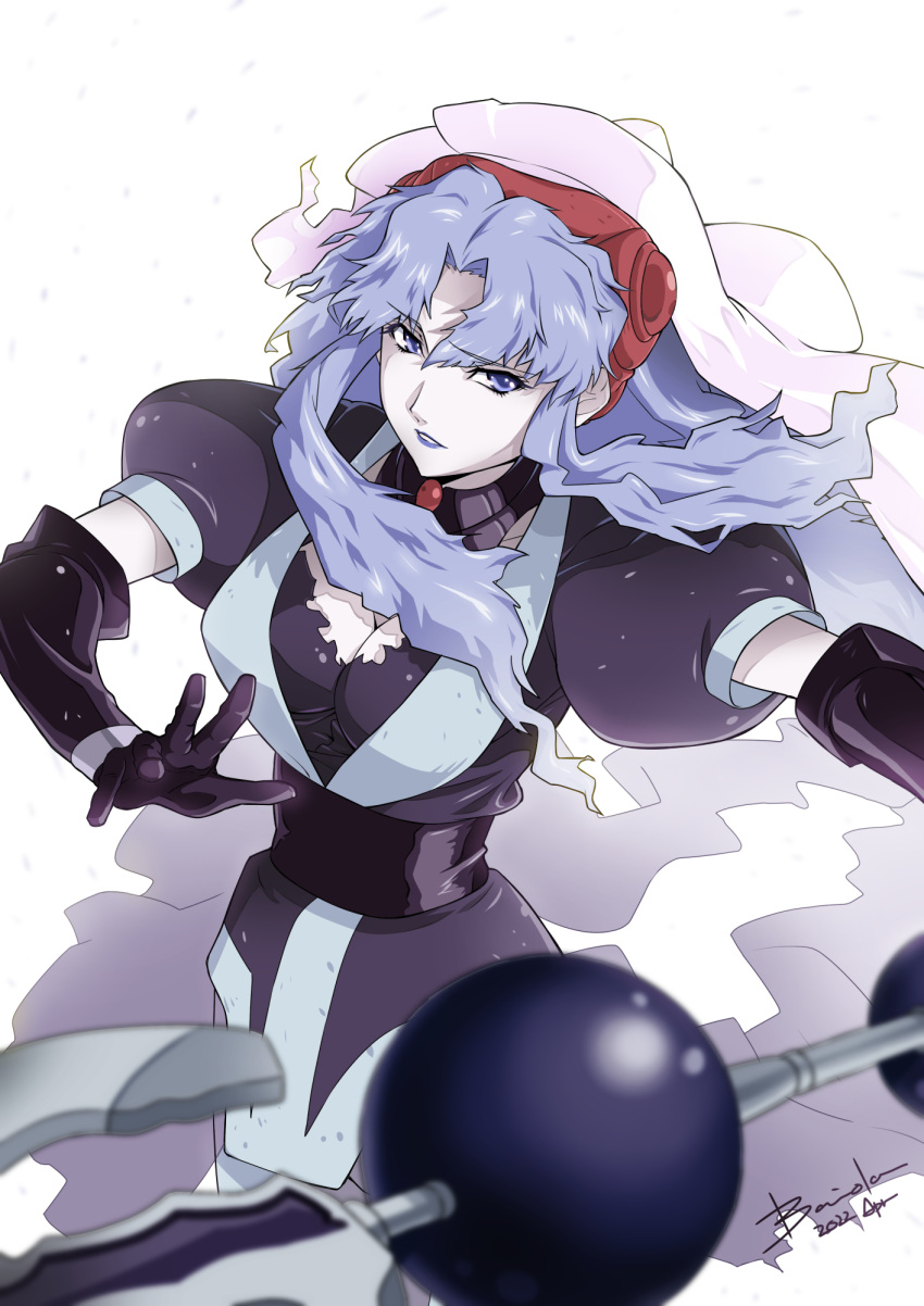 baiola blue_eyes blue_hair breasts cleavage dated el_hazard elbow_gloves female gloves highres holding holding_weapon ifurita lipstick long_hair looking_at_viewer makeup signature simple_background solo weapon white_background