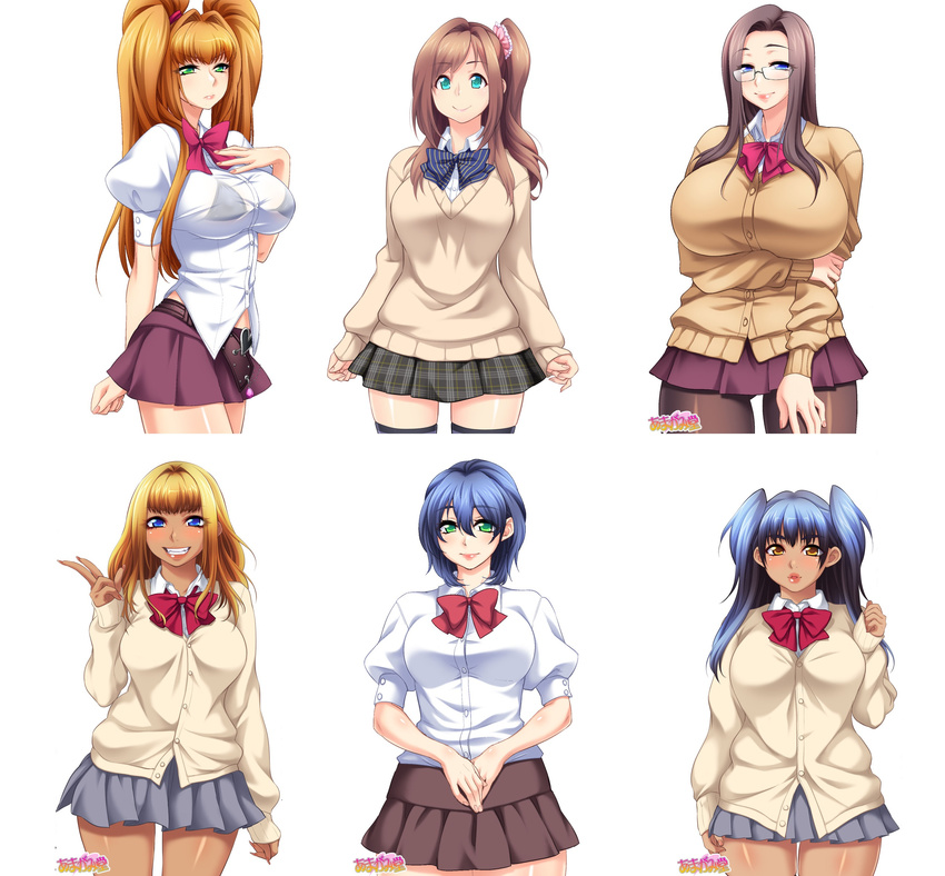 6+girls absurdres agawa_ryou amagamido black_legwear blonde_hair blue_eyes blue_hair blush bow bowtie breasts brown_eyes brown_hair buttons cardigan glasses green_eyes gyaru hair_ornament highres huge_breasts iinchou_(amagamido) kaicho_(amagamido) kogal kumi-chan_wa_moto_bitch! kumi_(amagamido) large_breasts lips long_hair luna_(amagamido) medium_breasts megumi_(amagamido) miniskirt multiple_girls original pantyhose pleated_skirt red_bow red_bowtie school_uniform see-through shirt short_hair side_ponytail simple_background skirt smile standing sweater thighhighs twintails underwear v white_background white_shirt