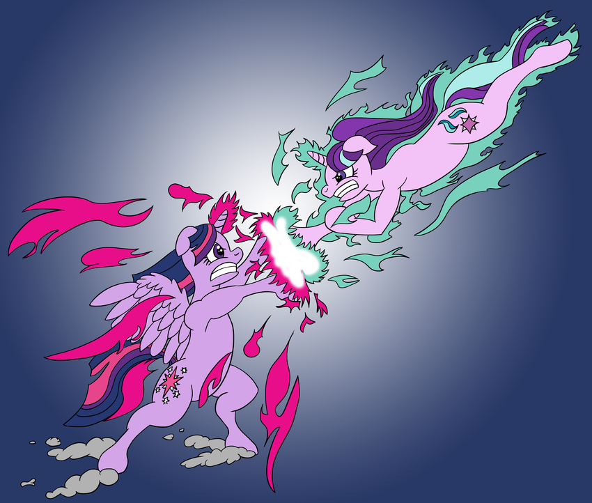 2015 absurd_res alicorn cutie_mark digital_media_(artwork) duo equid equine eyelashes feathered_wings feathers female feral fight friendship_is_magic fur glaring glowing hadouken hair hasbro hi_res horn horse magic mammal mane multicolored_hair my_little_pony mythological_creature mythological_equine mythology pony psycho_crusher purple_body purple_eyes purple_feathers purple_fur simple_background starlight_glimmer_(mlp) twilight_sparkle_(mlp) unicorn vaguelycreepy wings