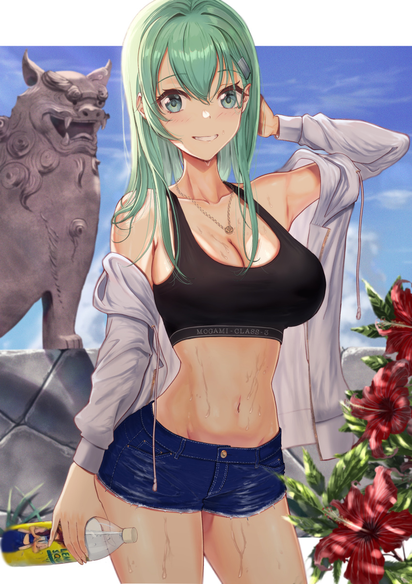 absurdres blue_shorts blush bottle breasts cleavage clothes_writing collarbone cowboy_shot day denim denim_shorts female flower green_eyes green_hair grin hair_between_eyes hair_ornament hairclip hibiscus highres holding holding_bottle jacket kantai_collection large_breasts long_hair long_sleeves navel open_clothes open_jacket outdoors red_flower shiisaa short_shorts shorts smile solo sports_bra statue suzuya_(kancolle) sweat taki_rentaro wet white_jacket