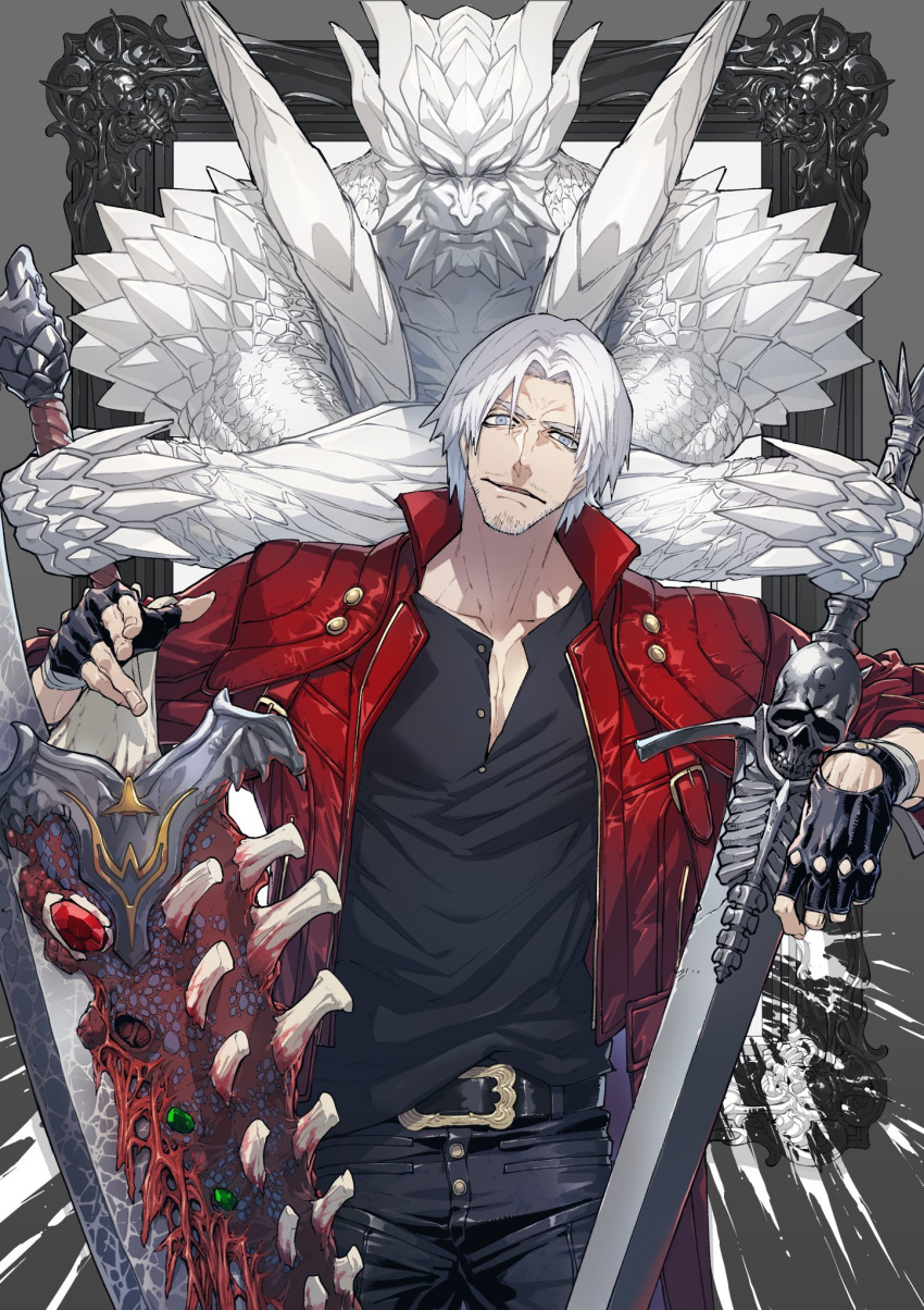 1boy bandages belt belt_buckle black_gloves buckle coat collarbone dante_(devil_may_cry) devil_may_cry_(series) devil_may_cry_5 devil_trigger dual_wielding facial_hair fingerless_gloves fingernails gloves grey_eyes highres holding holding_sword holding_weapon male_focus manly official_art ogata_tomio parted_lips picture_frame rebellion_(sword) red_coat solo sparda_(sword) splatter stubble sword weapon white_hair