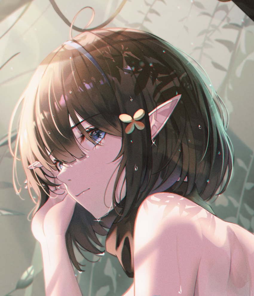 ahoge arknights bare_shoulders black_hair blue_eyes commentary eunectes_(arknights) fall_(aki) female hand_up highres korean_commentary looking_at_viewer outdoors pointy_ears portrait short_hair solo