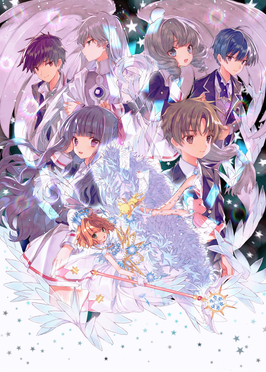 3girls 4boys :d absurdres antenna_hair black_jacket brother_and_sister brown_hair cardcaptor_sakura clear_card closed_mouth collared_shirt commentary_request crown daidouji_tomoyo dress green_eyes grey_hair grey_vest hair_ornament highres holding holding_staff jacket kero_(cardcaptor_sakura) kinomoto_sakura kinomoto_touya li_syaoran long_sleeves looking_at_viewer magical_girl multiple_boys multiple_girls necktie open_mouth purple_eyes purple_hair school_uniform shinomoto_akiho shirt short_necktie siblings skirt smile staff star_(symbol) star_hair_ornament stuffed_animal stuffed_toy teddy_bear tomoeda_middle_school_uniform vest white_dress white_necktie white_shirt white_skirt white_wings wings yasiromann yue_(cardcaptor_sakura) yume_no_tsue yuna_d_kaito