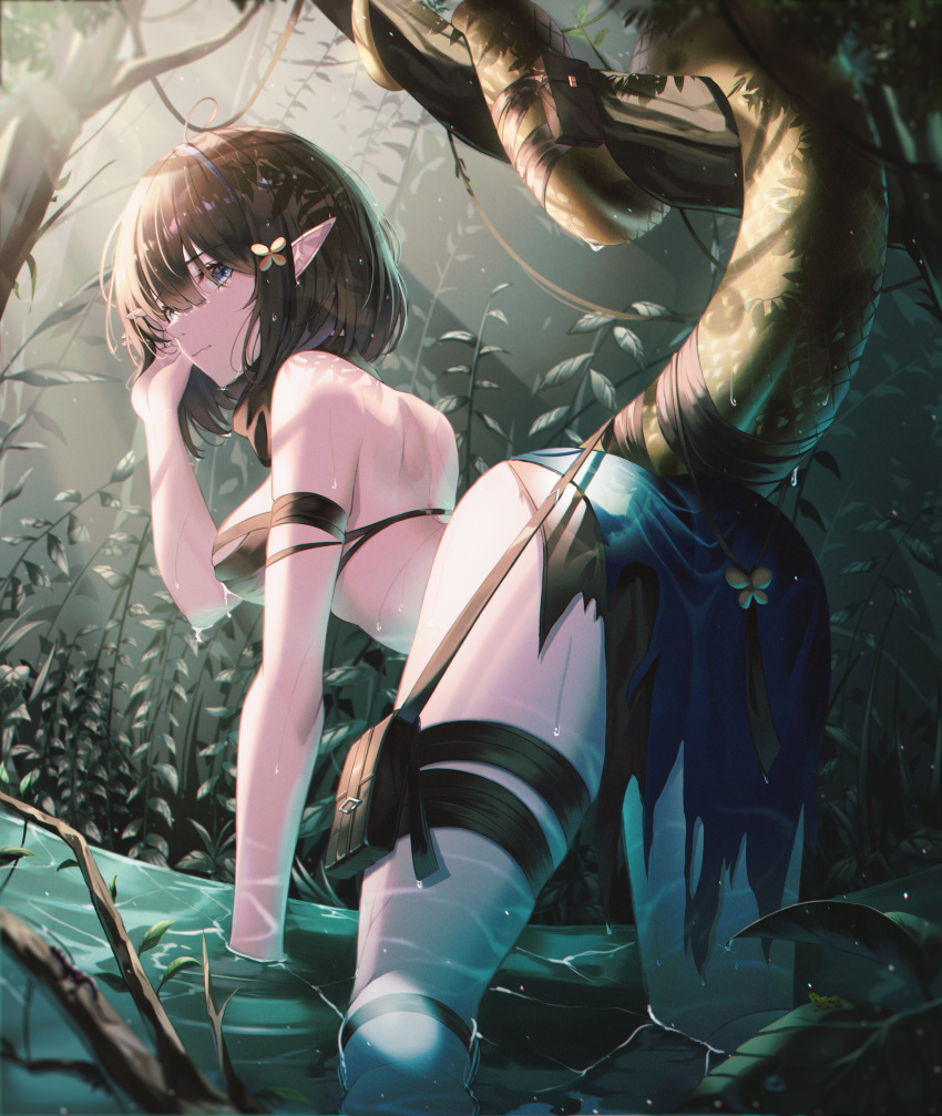 absurdres ahoge arknights ass bandeau bare_arms bare_shoulders bent_over black_hair blue_eyes breasts chromatic_aberration commentary eunectes_(arknights) fall_(aki) female forest hand_up highres korean_commentary looking_at_viewer medium_breasts nature outdoors pointy_ears pouch short_hair snake_tail solo strapless tail thigh_strap thighs tree tube_top