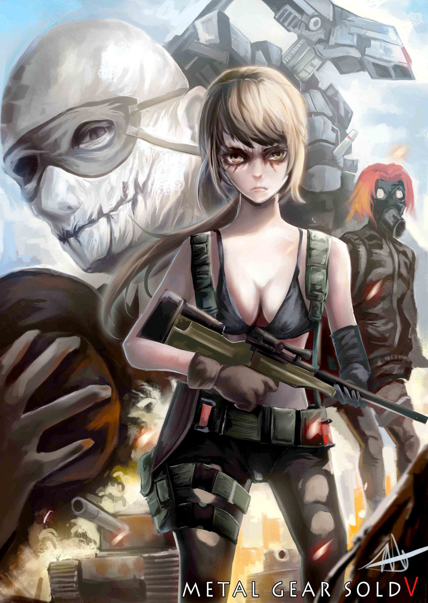 absurdres airgate116 bra brown_hair female green_hair gun highres holding holding_gun holding_weapon metal_gear_(series) metal_gear_sahelanthropus metal_gear_solid metal_gear_solid_v:_the_phantom_pain navel psycho_mantis quiet_(metal_gear) skull_face torn_clothes torn_legwear underwear weapon