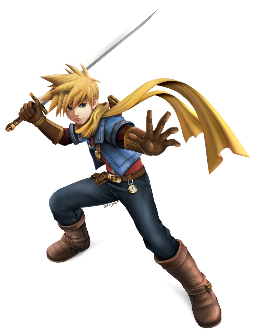 1boy 3d absurdres belt belt_buckle blonde_hair boots buckle compass gloves golden_sun golden_sun:_dark_dawn highres holding holding_weapon jacket leather leather_boots leather_gloves male_focus matthew_(golden_sun) nazyrus07 parody pose pouch scarf solo super_smash_bros. sword transparent_background weapon yellow_scarf