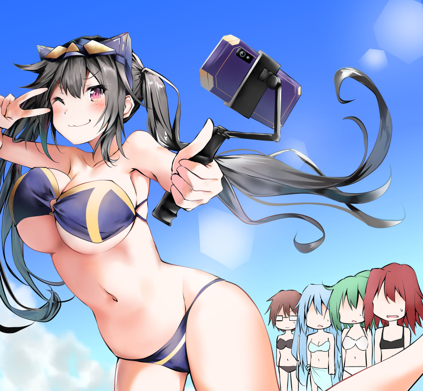 5girls ;3 absurdres armpits aussa_(yu-gi-oh!) aussa_the_earth_charmer bare_shoulders bikini black_bikini black_hair blue_bikini blue_hair blue_sky blush bouncing_breasts breasts brown_hair cat_mask cellphone cleavage cloud collarbone commentary_request cowboy_shot day duel_monster eria_(yu-gi-oh!) eria_the_water_charmer faceless faceless_female flat_chest glasses green_hair groin hair_between_eyes highres hiita_(yu-gi-oh!) hiita_the_fire_charmer holding i:p_masquerena kuromiko_shoujo large_breasts lens_flare long_hair looking_up mask medium_breasts multiple_girls navel one_eye_closed open_mouth outdoors phone ponytail purple_bikini red_hair sarong selfie selfie_stick short_hair sidelocks sky small_breasts smartphone smile solo_focus standing standing_on_one_leg stomach strapless strapless_bikini sweat swimsuit twintails underboob v_over_eye white_bikini wynn_(yu-gi-oh!) wynn_the_wind_charmer yu-gi-oh!