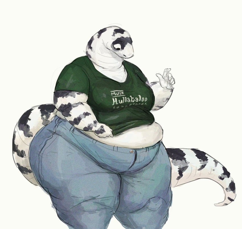 2020 anthro belly bottomwear cettus chubby_legs clothing denim denim_bottomwear denim_clothing fat_legs fat_rolls female hi_res high_waisted_bottomwear jeans king_snake maeve_gibson massive_thighs overweight overweight_anthro overweight_female pants reptile scalie shirt slightly_chubby slightly_chubby_female snake solo tight_clothing topwear