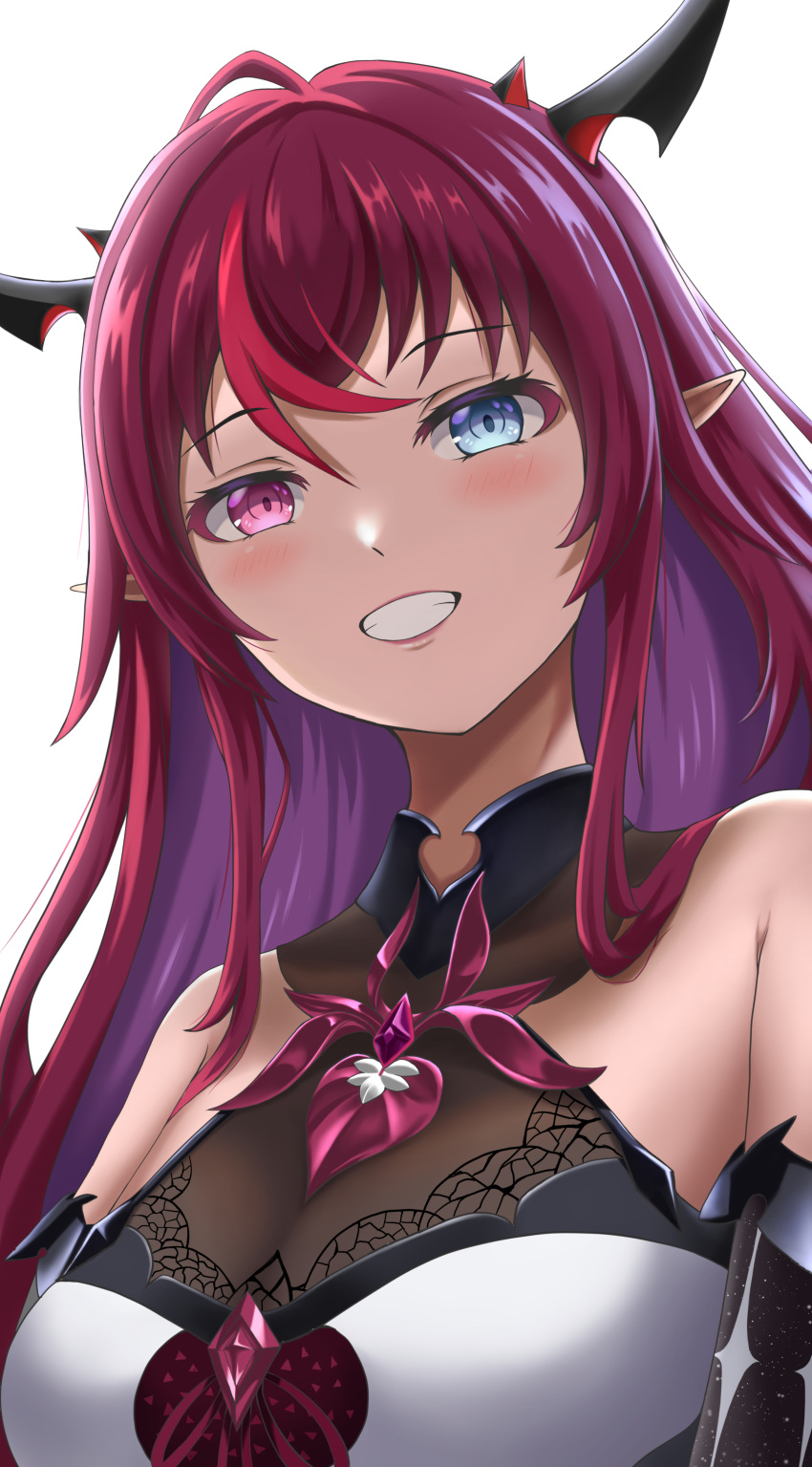 absurdres ahoge bare_shoulders blue_eyes breasts cleavage female from_below grin heterochromia high_collar highres hololive hololive_english horns irys_(hololive) irys_(irys_1.0)_(hololive) kenxken lace_trim large_breasts light_blush long_hair looking_at_viewer multicolored_hair pointy_ears purple_eyes purple_hair see-through simple_background smile solo streaked_hair upper_body virtual_youtuber white_background