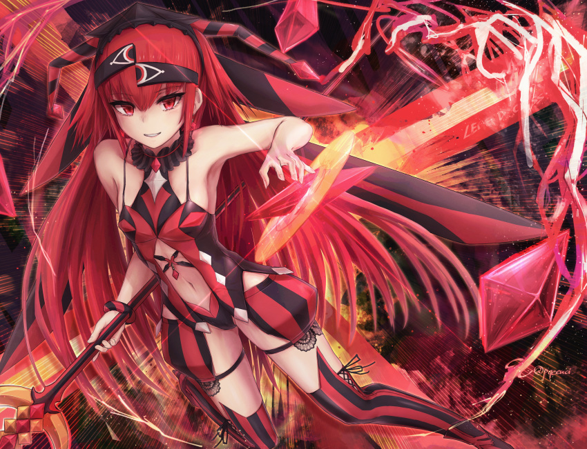 absurdres aka_no_ripika bare_shoulders beatmania_iidx breasts clothing_cutout eicam feet_out_of_frame female hair_between_eyes hairband highres holding holding_weapon long_hair looking_at_viewer navel navel_cutout polearm red_eyes red_hair red_thighhighs small_breasts smile solo spaghetti_strap straight_hair striped_clothes striped_thighhighs teeth thighhighs twitter_username two-tone_legwear vertical-striped_clothes vertical-striped_thighhighs very_long_hair weapon