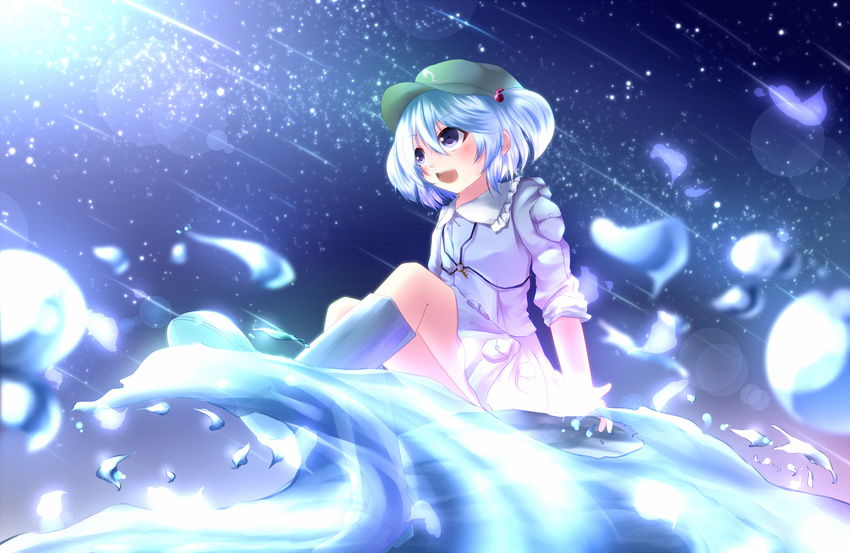 aru blue_eyes blue_hair blush dress hat kawashiro_nitori night petals short_hair tagme touhou