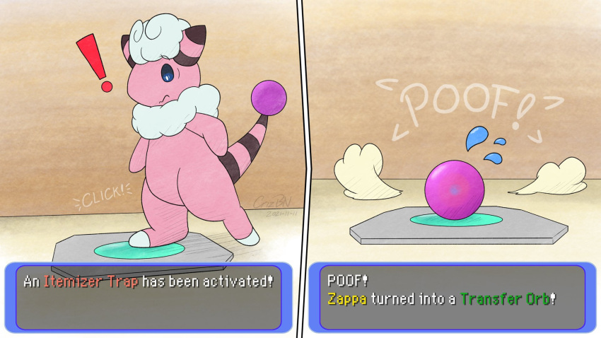 16:9 ambiguous_gender animate_inanimate anthro anthro_to_inanimate bodily_fluids crizbn english_text exclamation_point flaaffy flying_sweatdrops generation_2_pokemon hi_res inanimate_transformation instant_transformation itemizer_orb nintendo pokemon pokemon_(species) pokemon_mystery_dungeon poof poof_transformation signature simple_background solo spike_chunsoft sweat sweatdrop text transformation transformation_trap trap_(contrivance) widescreen