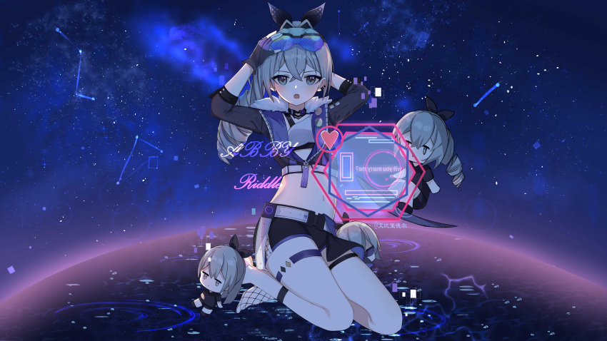 absurdres barefoot black_gloves blush character_doll constellation crop_top dodecagram drill_hair ear_piercing expressionless eyewear_on_head female fingerless_gloves full_body fur_trim gloves grey_eyes grey_hair hair_between_eyes hexagon highres honkai:_star_rail honkai_(series) huiyuanaideknight long_hair looking_at_viewer midriff miniskirt navel night night_sky open_mouth piercing short_shorts shorts silver_wolf_(honkai:_star_rail) skirt sky star_(sky) starry_sky twin_drills