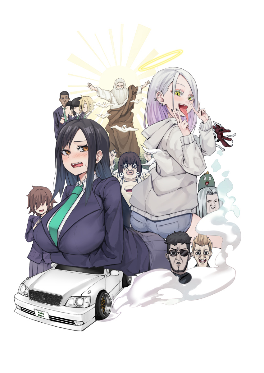 absurdres bad_id bad_pixiv_id breast_hold breasts car character_request commentary_request hapiel hapiel_(hapiel) highres masuo motor_vehicle multiple_boys multiple_girls takahashi_saya tongue tongue_out v